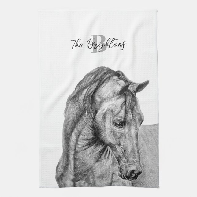 Horse art graphic pencil drawing black and white tea towel (Vertical)