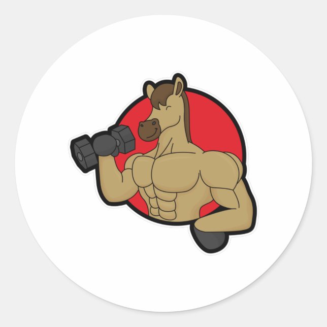 Horse as Bodybuilder with Dumbbell Classic Round Sticker (Front)