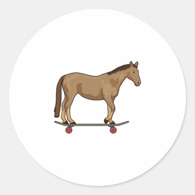 Horse as Skater on Skateboard Classic Round Sticker (Front)