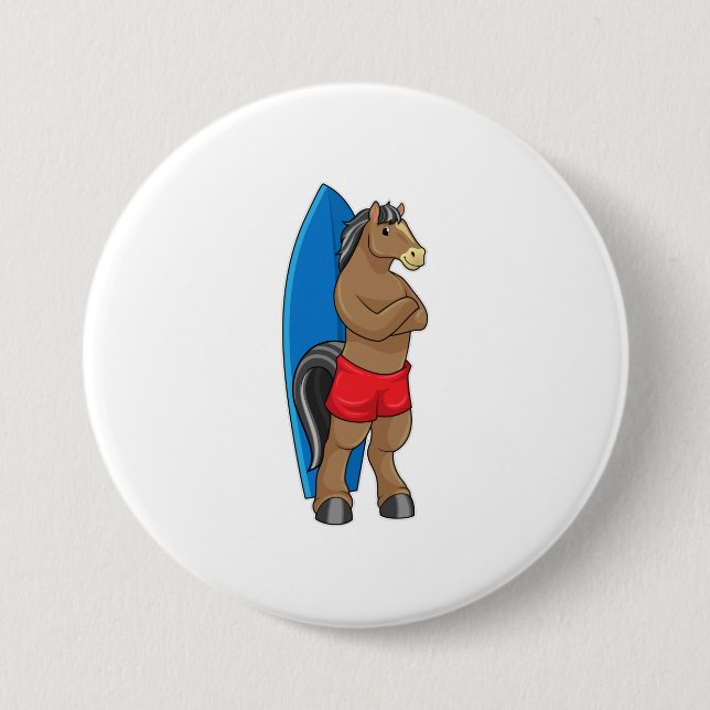 Horse as Surfer with Surfboard 7.5 Cm Round Badge (Front)