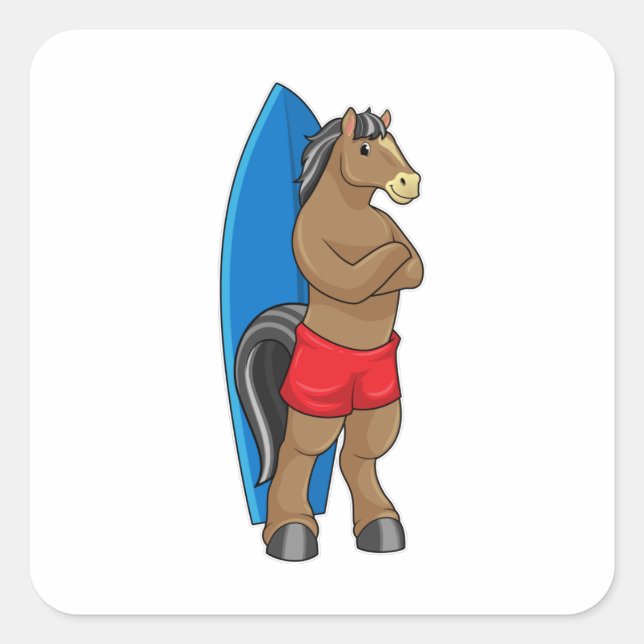 Horse as Surfer with Surfboard Square Sticker (Front)