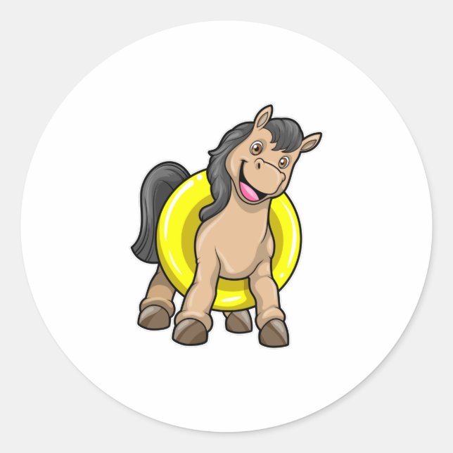 Horse at Beach with Swim ring Classic Round Sticker (Front)
