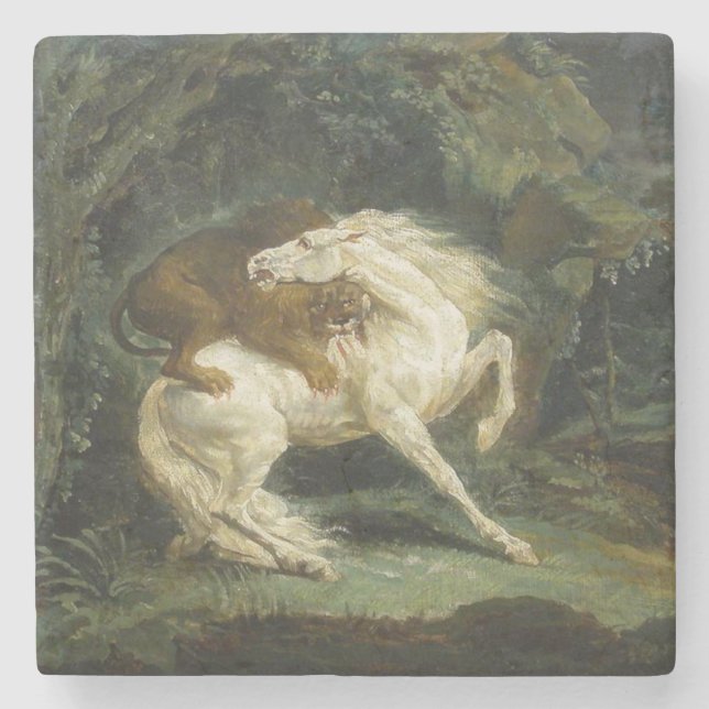 Horse Attacked by a Lion (by Théodore Géricault) Stone Coaster (Front)