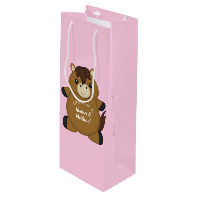 Horse Baby Shower Pink Girl Wine Gift Bag (Front Angled)
