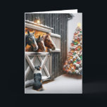 Horse Barn With Christmas Tree and Dog Holiday Card<br><div class="desc">Three horses peek out from a cosy stable watching as an Australian Shepherd dog sits in the snow nearby.
The inside text can be changed.</div>