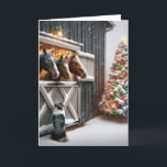Horse Barn With Christmas Tree and Dog Holiday Card<br><div class="desc">Three horses peek out from a cosy stable watching as an Australian Shepherd dog sits in the snow nearby.
The inside text can be changed.</div>