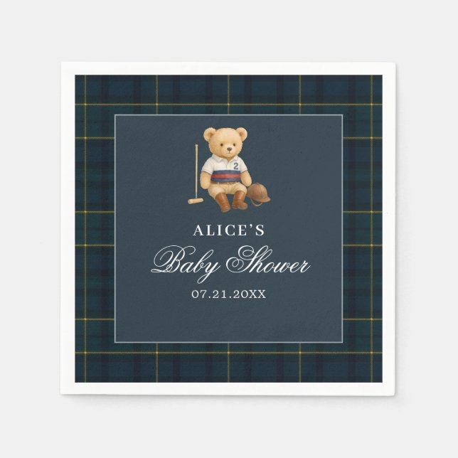 Horse Bear Navy Blue Baby Shower Napkin (Front)