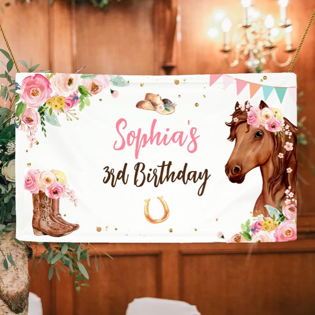 Horse Birthday Girl Cowgirl Pink Floral Party Banner (Creator Uploaded)