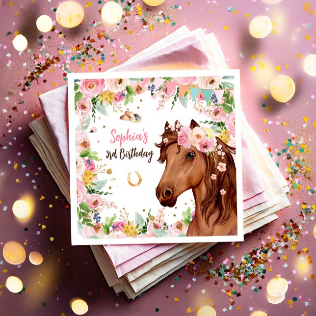 Horse Birthday Girl Cowgirl Pink Floral Party Napkin (Creator Uploaded)