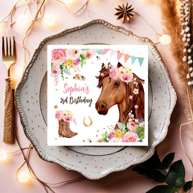 Horse Birthday Girl Cowgirl Pink Floral Party Napkin (Creator Uploaded)