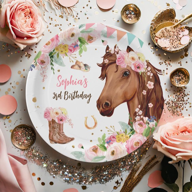 Horse Birthday Girl Cowgirl Pink Floral Party Paper Plate (Creator Uploaded)