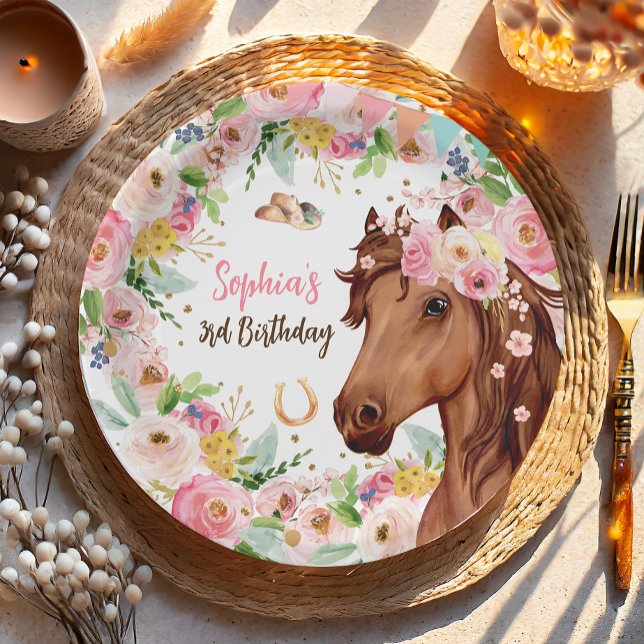Horse Birthday Girl Cowgirl Pink Floral Party Paper Plate (Creator Uploaded)