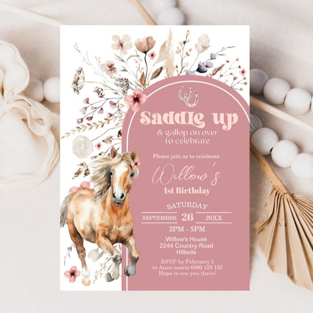 Horse Birthday Invitation Boho Horse Wildflower (Wildflower Horse Birthday Invitation)