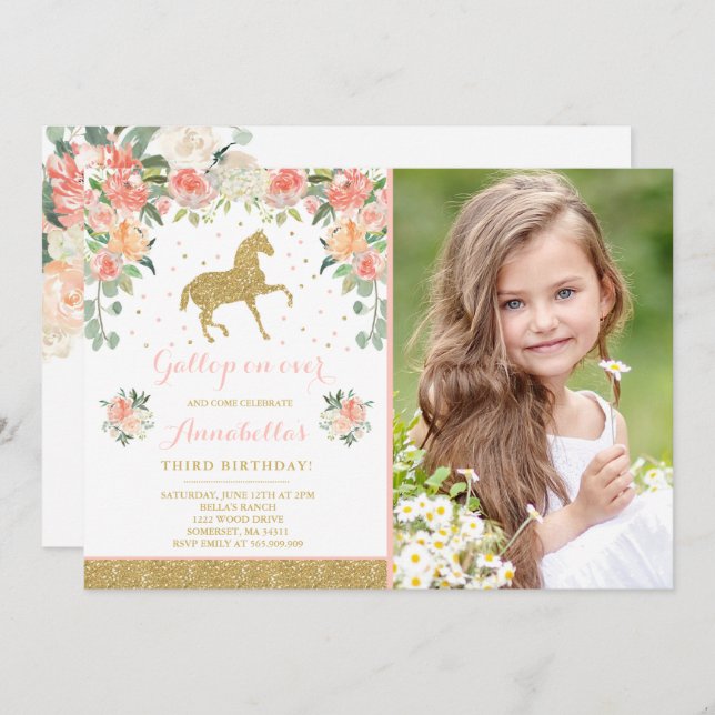 Horse Birthday Invitation Floral Pink Gold Horse (Front/Back)