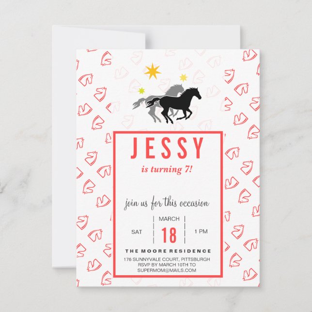 Horse Birthday Invitations Coral Red (Front)