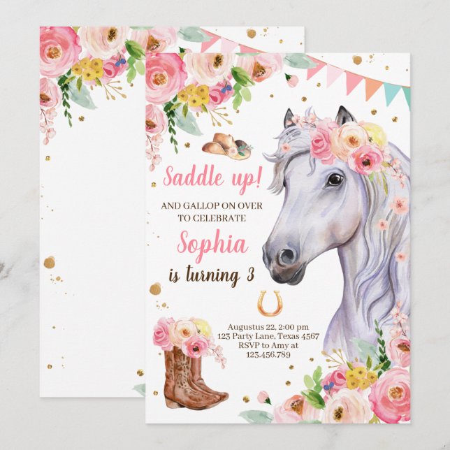 Horse Birthday Invite Girl Cowgirl Pink Floral (Front/Back)