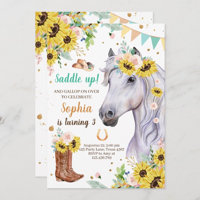 Horse Birthday Invite Girl Cowgirl Sunflowers Blue (Front/Back)