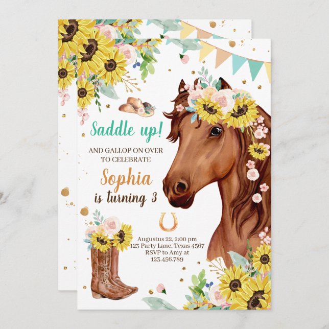 Horse Birthday Invite Girl Cowgirl Sunflowers Pony (Front/Back)