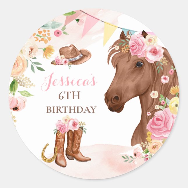 Horse Birthday Party Cowgirl Pink Floral Birthday Classic Round Sticker (Front)