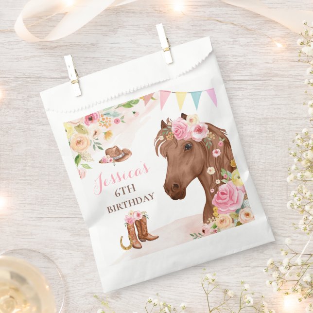 Horse Birthday Party Cowgirl Pink Floral Birthday Favour Bag (Clipped)