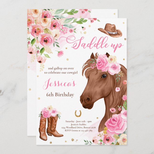 Horse Birthday Party Cowgirl Pink Floral Birthday Invitation (Front/Back)