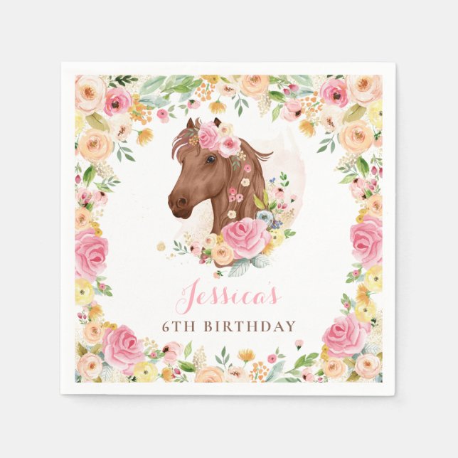 Horse Birthday Party Cowgirl Pink Floral Birthday Napkin (Front)
