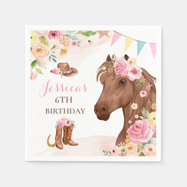 Horse Birthday Party Cowgirl Pink Floral Birthday Napkin (Front)