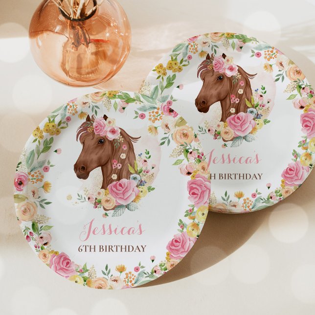 Horse Birthday Party Cowgirl Pink Floral Birthday  Paper Plate (Creator Uploaded)