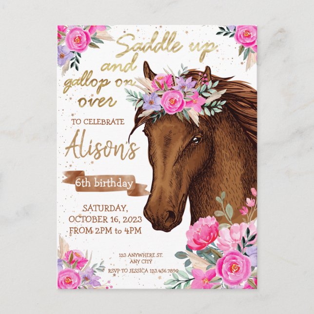 Horse Birthday Party Editable Horse Cowgirl Postcard (Front)