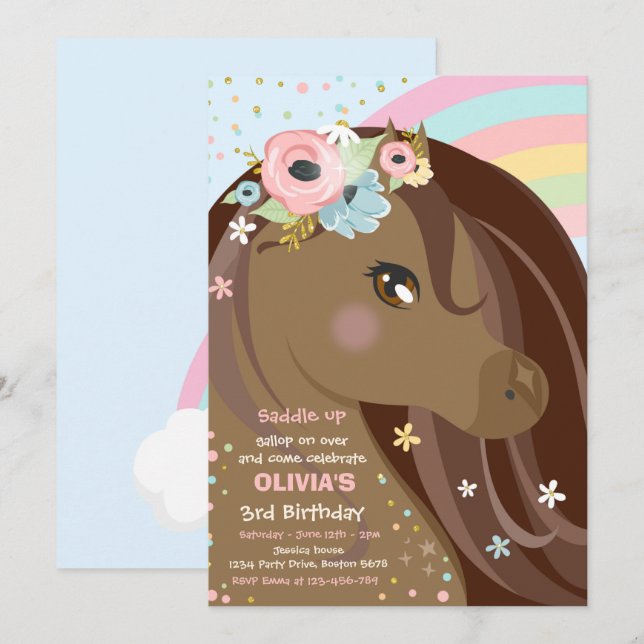 Horse Birthday Party Floral Pink Pony Birthday Invitation (Front/Back)