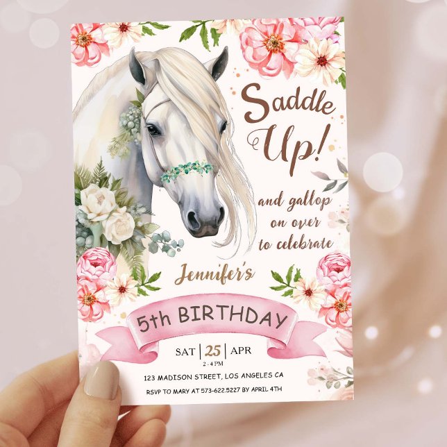 Horse Birthday Party Girls Pink 5th Birthday Invitation (Creator Uploaded)