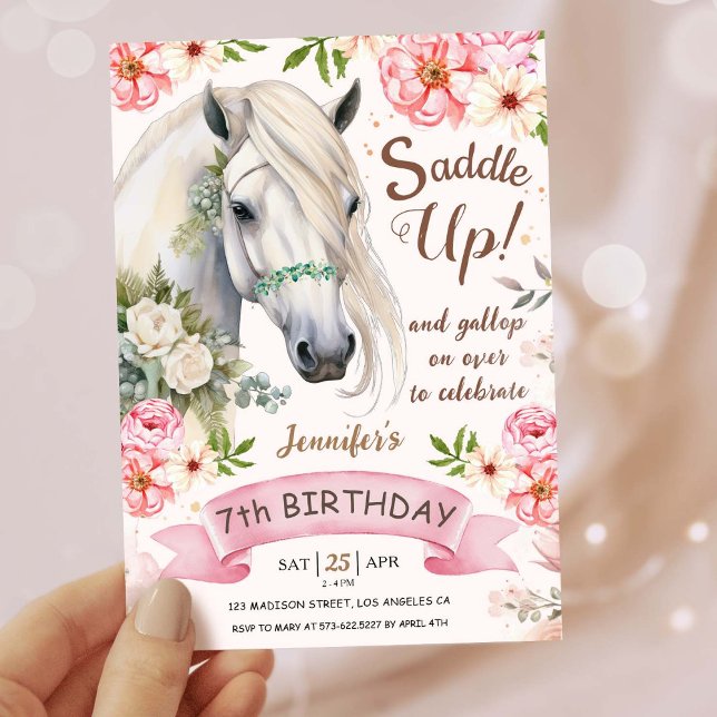 Horse Birthday Party Girls Pink 7th Birthday Invitation (Creator Uploaded)