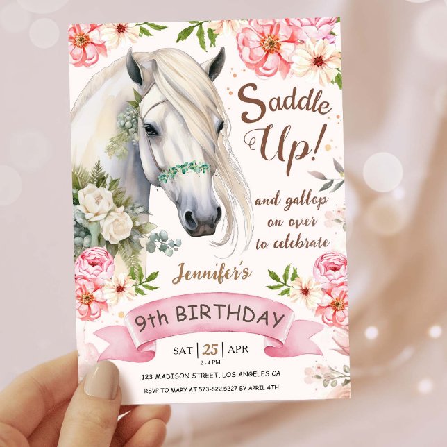 Horse Birthday Party Girls Pink 9th Birthday Invitation (Creator Uploaded)