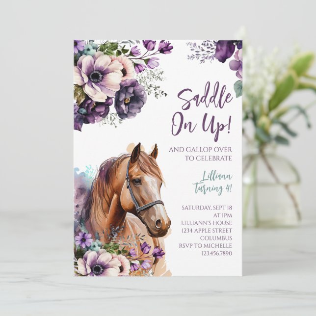 Horse Birthday Party Invitation Purple Flowers (Standing Front)