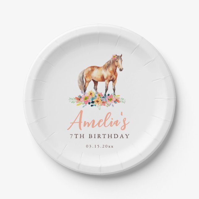 Horse Birthday Party Pink Floral Paper Plate (Front)