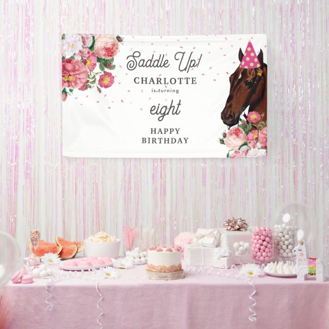 Horse Birthday Theme Pink Floral Girl Cowgirl Banner (Party)