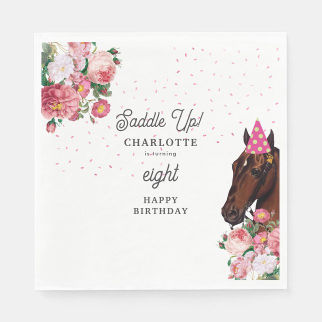 Horse Birthday Theme Pink Floral Girl Cowgirl Napkin (Front)