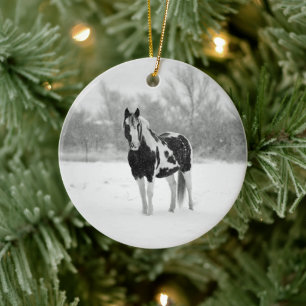 Horse Black and White Snow Photo Ceramic Ornament
