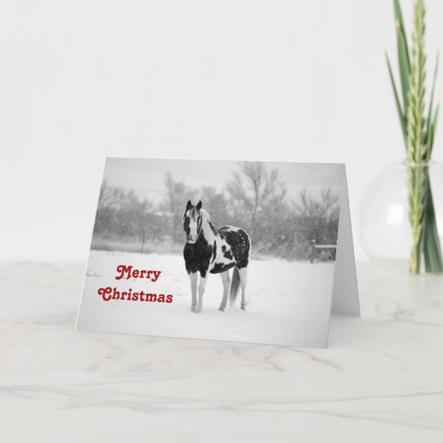 Horse Black and White Snow Photo Christmas Holiday Card (Front)