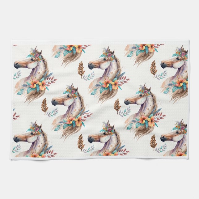 Horse boho floral flower seamless pattern tea towel (Horizontal)