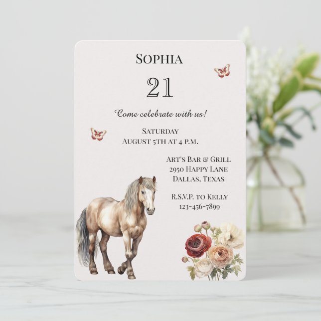 Horse Burgundy Cream Floral Birthday Invitation (Standing Front)