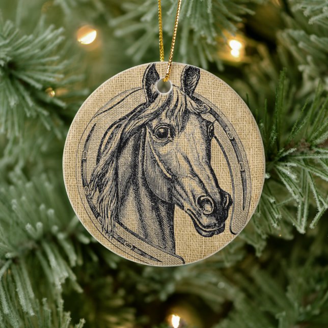 Horse Cameo on Burlap Ceramic Ornament (Tree)