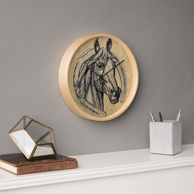 Horse Cameo on Burlap Clock (Office)