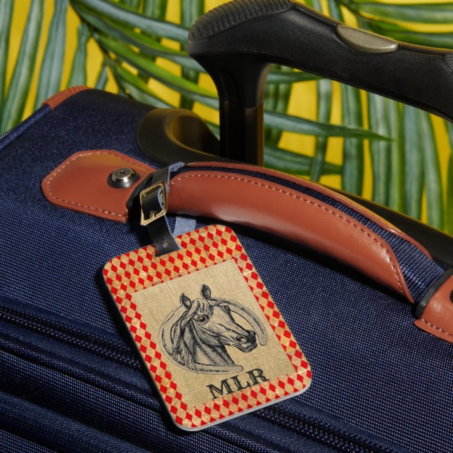 Horse Cameo on Burlap Monogram Luggage Tag (Front Insitu 1)
