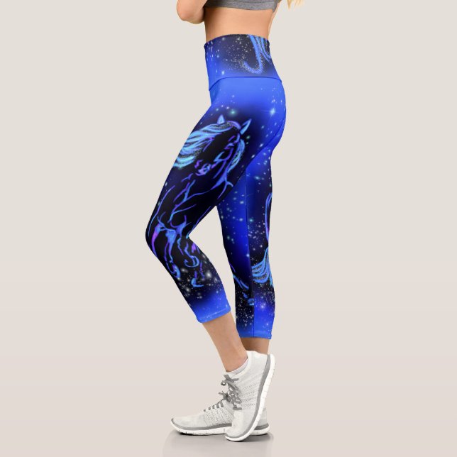Horse Capri Leggings Running In Blue Starry Night (Left)