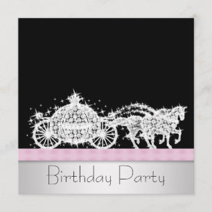 Horse Carriage Pink Black Princess Birthday Party Invitation