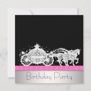 Horse Carriage Pink Black Princess Birthday Party Invitation