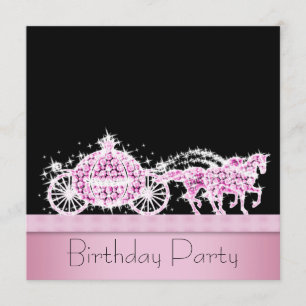 Horse Carriage Pink Black Princess Birthday Party Invitation