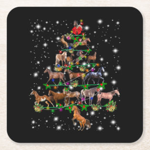 Horse Christmas Tree Covered By Flashlight Square Paper Coaster