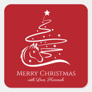 Horse Christmas tree Equestrian red white Square Sticker